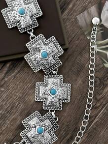 1pc Vintage Metal Cross Chain With Blue Turquoise Center, Match With Dress And Sweater - Silver - View 5