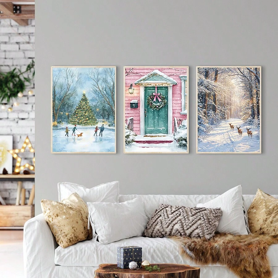 1/3 đồ trang trí Giáng sinh Tranh in Canvas Phong cảnh rừng mùa đông Nghệ thuật treo tường Trang trí Giáng sinh Trang trí ngày lễ Cây thông Noel Không có khung - Nhiều màu - Xem 1