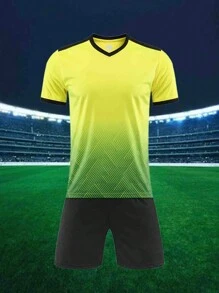 Customized Children's And Teenagers' Football Set (8-12 Years Old) - Personalized Jersey And Shorts Set With Customizable Logos, Numbers, And Text Content. Customized Football And Running Jerseys | Freely Printed Name And Number Team Badges | Multiple Colors To Choose From, Sports Training, Running, Football, Outdoor Casual Wear - Yellow - View 2