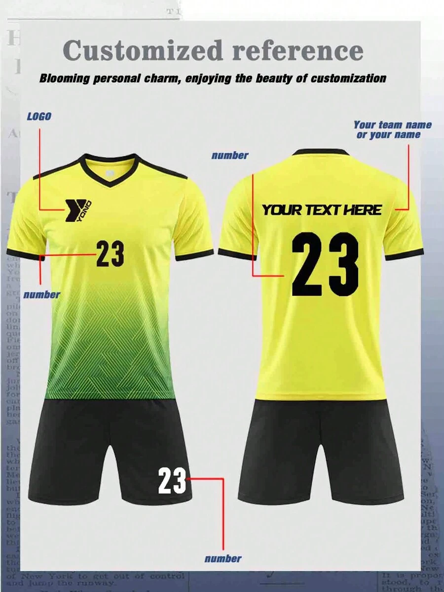 Customized Children's And Teenagers' Football Set (8-12 Years Old) - Personalized Jersey And Shorts Set With Customizable Logos, Numbers, And Text Content. Customized Football And Running Jerseys | Freely Printed Name And Number Team Badges | Multiple Colors To Choose From, Sports Training, Running, Football, Outdoor Casual Wear - Yellow - View 1