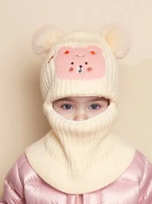 1 pièce Capuchon d'oreilles en tricot épais, chaud et coupe-vent pour l'hiver, avec broderie de personnage de dessin animé mignon et double pompon, pour fille