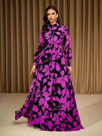 紫色长袖立领雪纺连衣裙，端庄