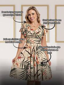 Vestido Estampado com Rodado Decote V Transpassado Moda Evangélica Romântico