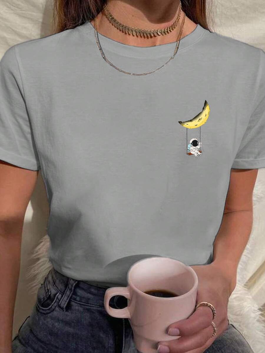 T-Shirt You On Women's Baby Look Astronaut Swing Moon Various Colors 100% Cotton - 灰色 - 查看 1
