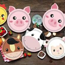 25pcs Farm Animal Theme Party Plate Set, Cartoon Animal Shaped Paper Plates, Kitchen Birthday Party Supplies, Suitable For Multiple People, Camping, Theme Gathering Decoration