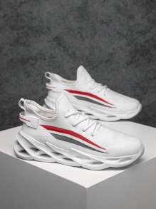 男士时尚拼色条纹网眼舒适透气系带运动鞋，户外减震镂空底灵活休闲跑步鞋 - 白色 - 查看 4