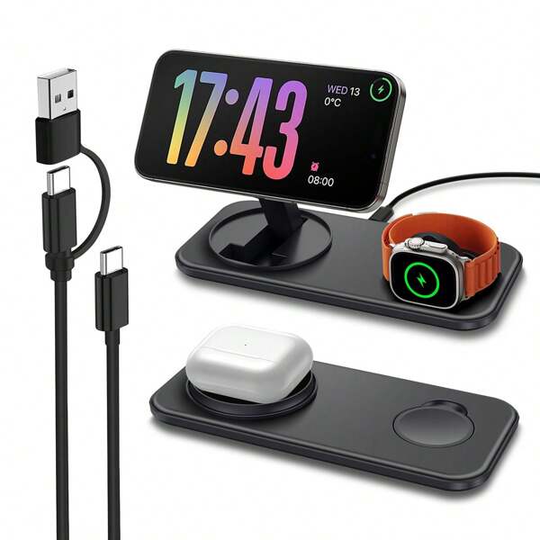 15W 2-In-1 Foldable Magnetic Wireless Charger Fast Charging Dock Compatible With Iphone 16 15 14 13 12 Por/Max/Plus Compatible With Apple Watch 10 9 SE 8 7 6 5 4 3 2 Compatible With IPhone 16 15 14 13 12 11 X 8 Pro Max/Pro/Mini/Plus, Compatible With IWatch Compatible With Airpods Suitable For Office, Dorm, And Home Nan