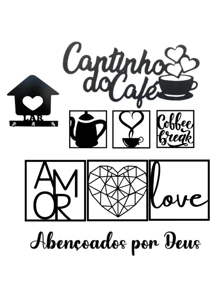 Kit 6 Decorative Plates + Home Key Holder + 2 Coffee Corner And  By God Signs In Black MDF - 黑色 - 查看 1