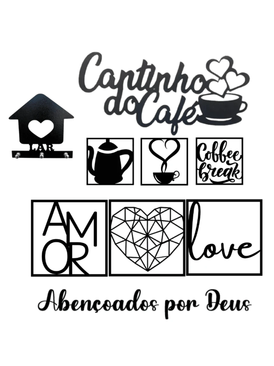 Kit 6 Decorative Plates + Home Key Holder + 2 Coffee Corner And  By God Signs In Black MDF - 黑色 - 查看 1