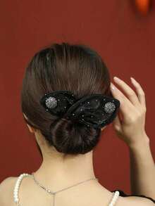 1pc Slouchy Twist Clip Women's Sparkling Rhinestone Decoration Bowknot Mesh Eye Roll Hair Clip Binding Machine Curling Ball Head Bowknot Hair Clip Headpiece New, Suitable For Party Daily Wear