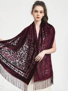 1pc Floral Flocked Scarf With Tassels, 3D Flower Jacquard Solid Color Large Shawl Wrap, Elegant Classic Style For Formal Dress Winter Fall - Burgundy - View 8