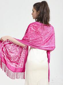 1pc Floral Flocked Scarf With Tassels, 3D Flower Jacquard Solid Color Large Shawl Wrap, Elegant Classic Style For Formal Dress Winter Fall - Burgundy - View 10