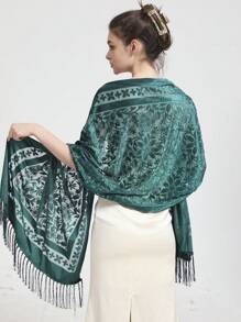 1pc Floral Flocked Scarf With Tassels, 3D Flower Jacquard Solid Color Large Shawl Wrap, Elegant Classic Style For Formal Dress Winter Fall - Burgundy - View 11