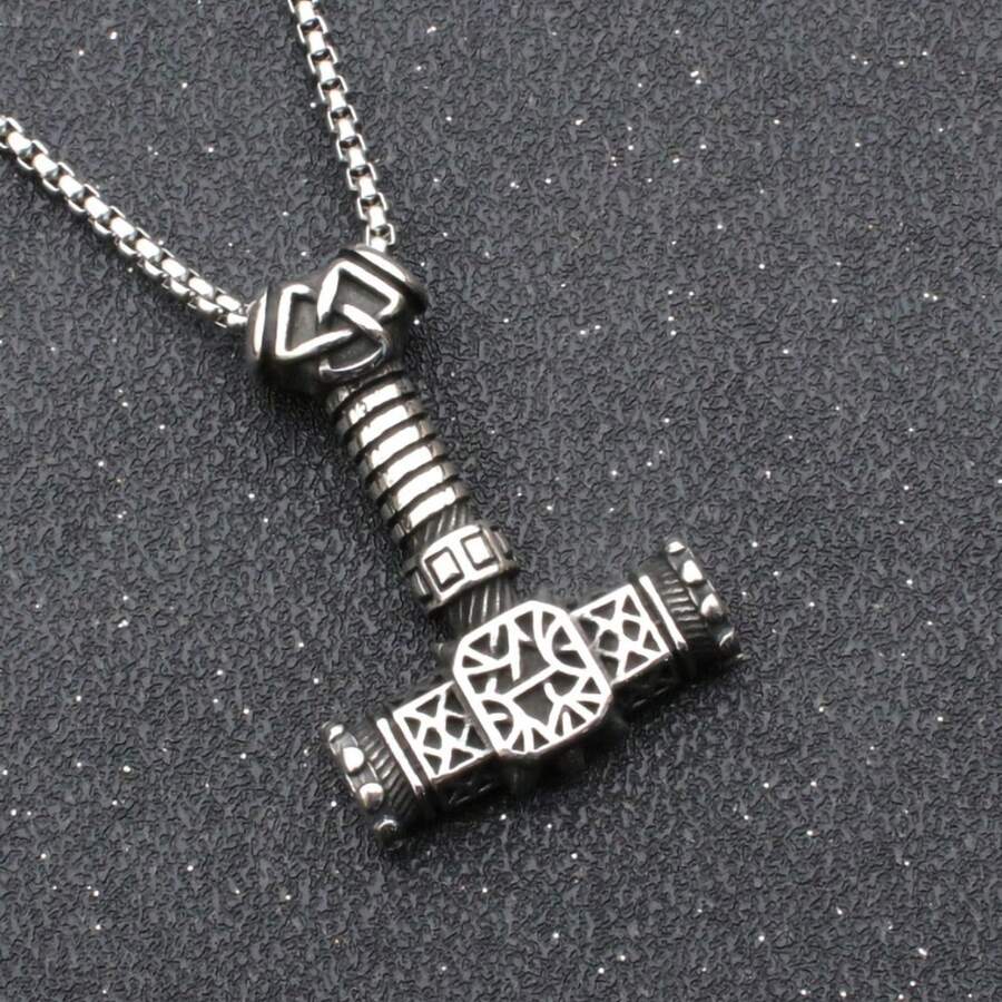 新品热销北欧锤子吊坠不锈钢项链男士珠宝 - 復古銀色 - 查看 1