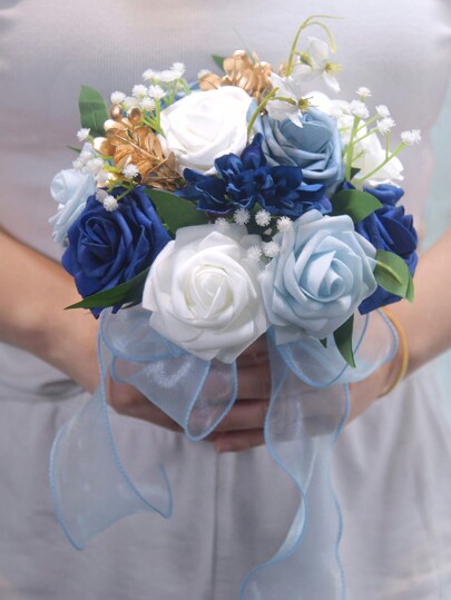 1PC Decoração de casamento de dama de honra, buquês artificiais de rosas, decoração de festa de casamento, flores falsas realistas, chá de panela, buquê de arremesso de casamento, buquê de noiva para cerimônia de casamento, aniversário, dia dos namorados
