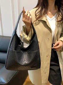 女士时尚宽肩包，大容量手提包-拉链开合多功能单肩包手提包，水桶包，简约 PU 皮革单肩包，耐用 PU 材料，涤纶衬里-卡其色/黑色/棕色可选，适合通勤、商务、宴会、年会、充满高级感的大学生 - 黑色 - 查看 10