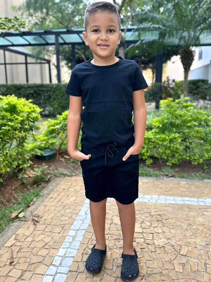 Children's Khaki Sand Denim Shorts With Elastic Waistband For Boys - màu đen - Xem 1