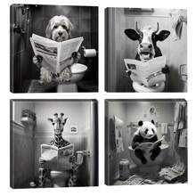 4 Stück/Set gerahmte einfarbige Leinwand Poster, Badezimmer Tiere lesen Zeitungen Malerei, Leinwand Wandkunst, Wandbild als Geschenk, für Schlafzimmer, Büro, Wohnzimmer, Café, Bar, Wanddekoration, Heim- und Studentenwohnheimdekorationen. Poster, Wandkunst, Zimmerdeko-Accessoires