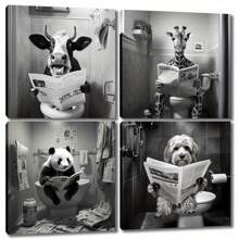 4 Stück/Set gerahmte einfarbige Leinwand Poster, Badezimmer Tiere lesen Zeitungen Malerei, Leinwand Wandkunst, Wandbild als Geschenk, für Schlafzimmer, Büro, Wohnzimmer, Café, Bar, Wanddekoration, Heim- und Studentenwohnheimdekorationen. Poster, Wandkunst, Zimmerdeko-Accessoires