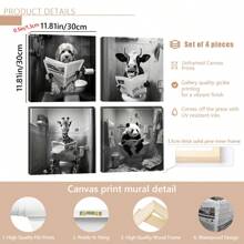 4 Stück/Set gerahmte einfarbige Leinwand Poster, Badezimmer Tiere lesen Zeitungen Malerei, Leinwand Wandkunst, Wandbild als Geschenk, für Schlafzimmer, Büro, Wohnzimmer, Café, Bar, Wanddekoration, Heim- und Studentenwohnheimdekorationen. Poster, Wandkunst, Zimmerdeko-Accessoires