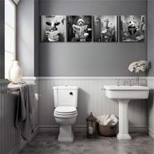 4 Stück/Set gerahmte einfarbige Leinwand Poster, Badezimmer Tiere lesen Zeitungen Malerei, Leinwand Wandkunst, Wandbild als Geschenk, für Schlafzimmer, Büro, Wohnzimmer, Café, Bar, Wanddekoration, Heim- und Studentenwohnheimdekorationen. Poster, Wandkunst, Zimmerdeko-Accessoires