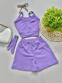 Children's Cropped Tie-Up Set And Ribbed Shorts, Summer Model, Blogger Fashion, Mini Diva - 紫丁香色 - 查看 2