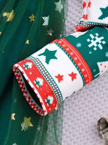 年轻女孩圣诞印花蝴蝶结点缀网眼可爱连衣裙，长袖