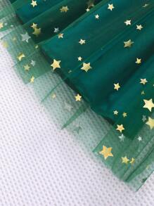 年轻女孩圣诞印花蝴蝶结点缀网眼可爱连衣裙，长袖