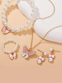 1 套青少年珠宝套装，包括人造珍珠手链、戒指、可爱油滴蝴蝶项链和耳环