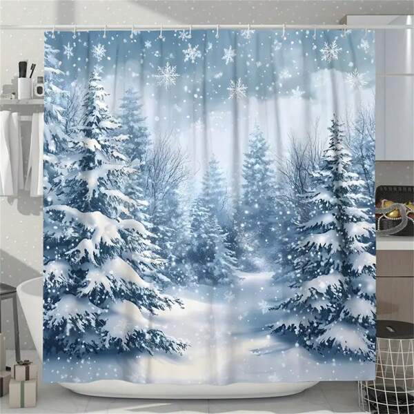 1pc Christmas Winter Scene Snowflake Tree Holiday Blue White Shower Curtain Set With Shower Curtain With 12 Hooks,Christmas Decorations, Winter Decorations Home Bathroom Decor Fall Decor Bathroom Accessories Back To School