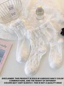 3pairs Women's Knee-High Socks White Lace Trim Bow Summer Thin Cute JK Princess Style