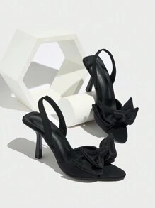 Women's Pointed Toe Butterfly Decor Elastic Back Strap Satin Stiletto High Heel Sandals, Elegant For Party, Daily Wear, Commuting, Summer Autumn Fashion - Black Valentines