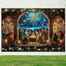 圣诞快乐背景布 - 皇宫版，油画风格冬季和耶稣降生场景，温暖的冬季色彩，涤纶，适用于客厅、户外装饰、现场直播、照相亭 - 无需电源 - 彩色 - 查看 4