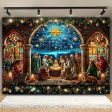 圣诞快乐背景布 - 皇宫版，油画风格冬季和耶稣降生场景，温暖的冬季色彩，涤纶，适用于客厅、户外装饰、现场直播、照相亭 - 无需电源 - 彩色 - 查看 1