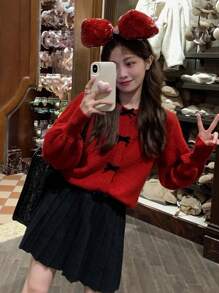 女士纯色泡泡袖开衫，饰有蝴蝶结，长袖针织毛衣，适合圣诞节和日常穿着，秋冬季