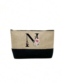 1件卡其色花卉字母图案女士手提包兼化妆包，送给优秀教师的礼物，可重复使用的托特包，女士简约大容量旅行化妆包，多功能便携式女士礼品