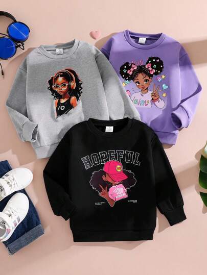 3件套女童字母罗纹袖口圆领针织长袖上衣，女童卡通印花卫衣，适合春秋季穿着，女童柔软舒适简约套头衫，休闲户外日常百搭套装，女童可爱春季外套