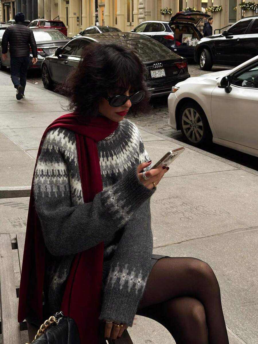 CHO MẸO MÙA THU ĐÔNG Áo len dệt kim tay dài cổ tròn in họa tiết Fair Isle cổ điển mới dành cho nữ dáng rộng ấm áp khi đi làm Áo len gân màu sắc va chạm năm mới - Xám - Xem 1
