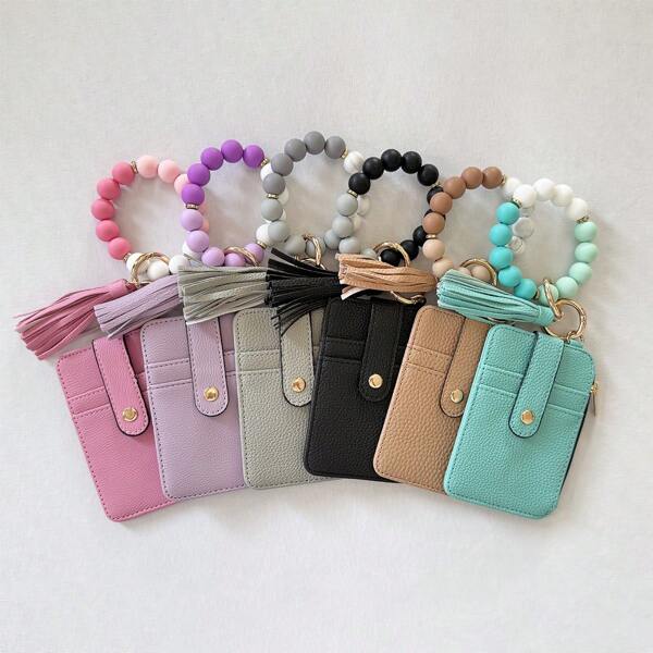 Pulsera de muñeca, billetera, llavero, brazalete de cuentas de silicona, PU, borla, llaveros de bolsillo para mujer, monedero rosa fuerte, funda para tarjeta de foto, tarjetero, billetera, tarjetero de visita, tarjetero de crédito, tarjetero de identificación para mujer, billetera mini para mujer, llavero, billetera para tarjetas