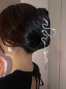 1pc Versatile Stylish Rhinestone Wavy Tassel Hair Claw Clip Party Y2k Summer Hair Clips Hair Jaw Clip Hair Clamps Hair Clutch Hair Catcher Clip, School Stuff, College Fall Winter Hair Accessories For Women For Vacation Outfits Woman - Silver - View 7