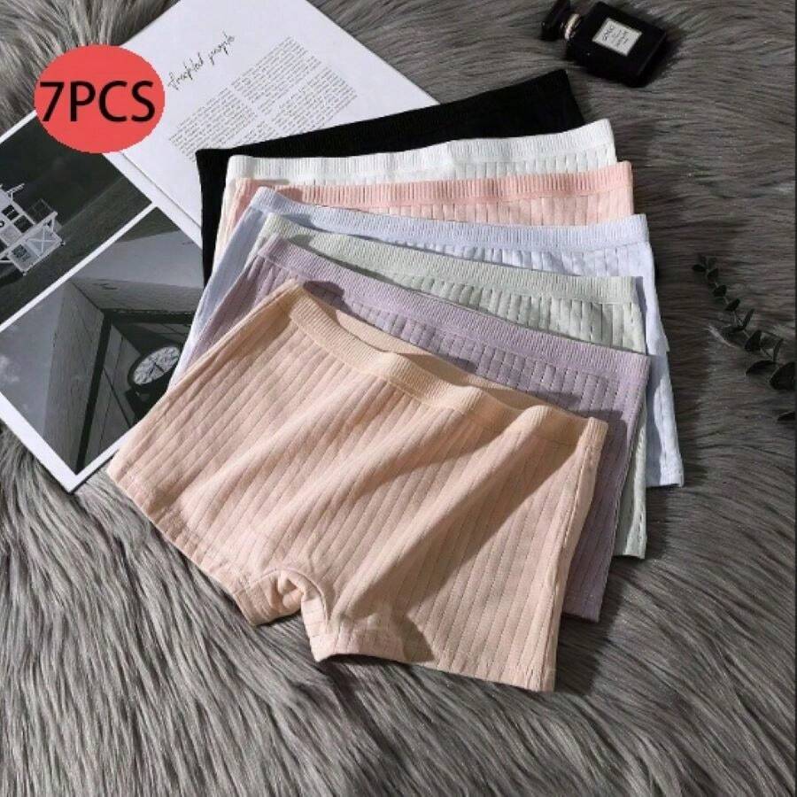 Juego de 7 prendas de ropa interior tipo hipster básica de algodón de unicolor para niñas adolescentes, con diseño de rayas cuadradas espirales, cómodas y transpirables