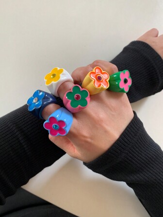 女性用クラシックカジュアルフラワーラインストーン装飾 ミックスカラーリング 6個セット