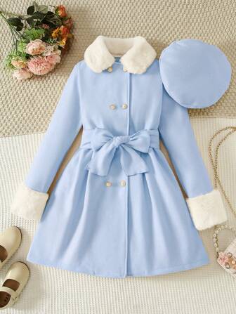 少女优雅纯色仿皮草外套，含帽子和腰带，秋冬季