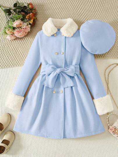 少女优雅纯色仿皮草外套，含帽子和腰带，秋冬季