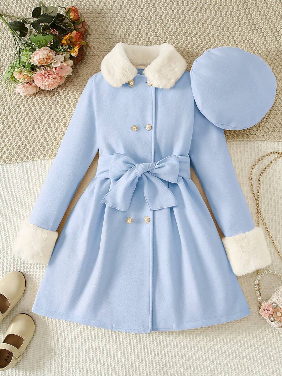 Mantel Bulu Imitasi Warna Polos Elegan untuk Remaja Perempuan dengan Topi + Sabuk, Musim Gugur/Dingin - Biru - View 1