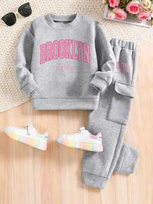Girls Letter Print Crew Neck Sweatshirt And Sweatpants Set - Grey - View 1