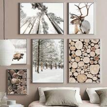 1 pièce Tableau de paysage d'hiver sur canevas, peinture murale Cerf, Animaux, Forêt de pins, Affiche et imprimé pour la décoration moderne du salon sans cadre