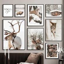 1 pièce Tableau de paysage d'hiver sur canevas, peinture murale Cerf, Animaux, Forêt de pins, Affiche et imprimé pour la décoration moderne du salon sans cadre