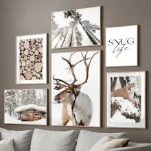 1 pièce Tableau de paysage d'hiver sur canevas, peinture murale Cerf, Animaux, Forêt de pins, Affiche et imprimé pour la décoration moderne du salon sans cadre