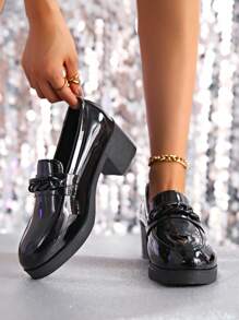 女士新款高跟玛丽珍鞋，金属链装饰，优质漆皮鞋面，防滑耐用鞋底，厚底，经典牛津款式，搭配丝袜，百搭设计 - 黑色 - 查看 2